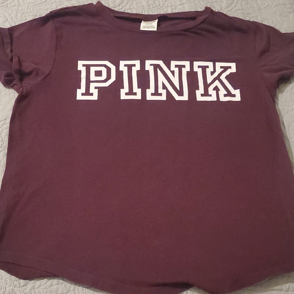PINK Victoria's Secret Short Sleeve Tee - Deep Plum with White Logo Size LARGE